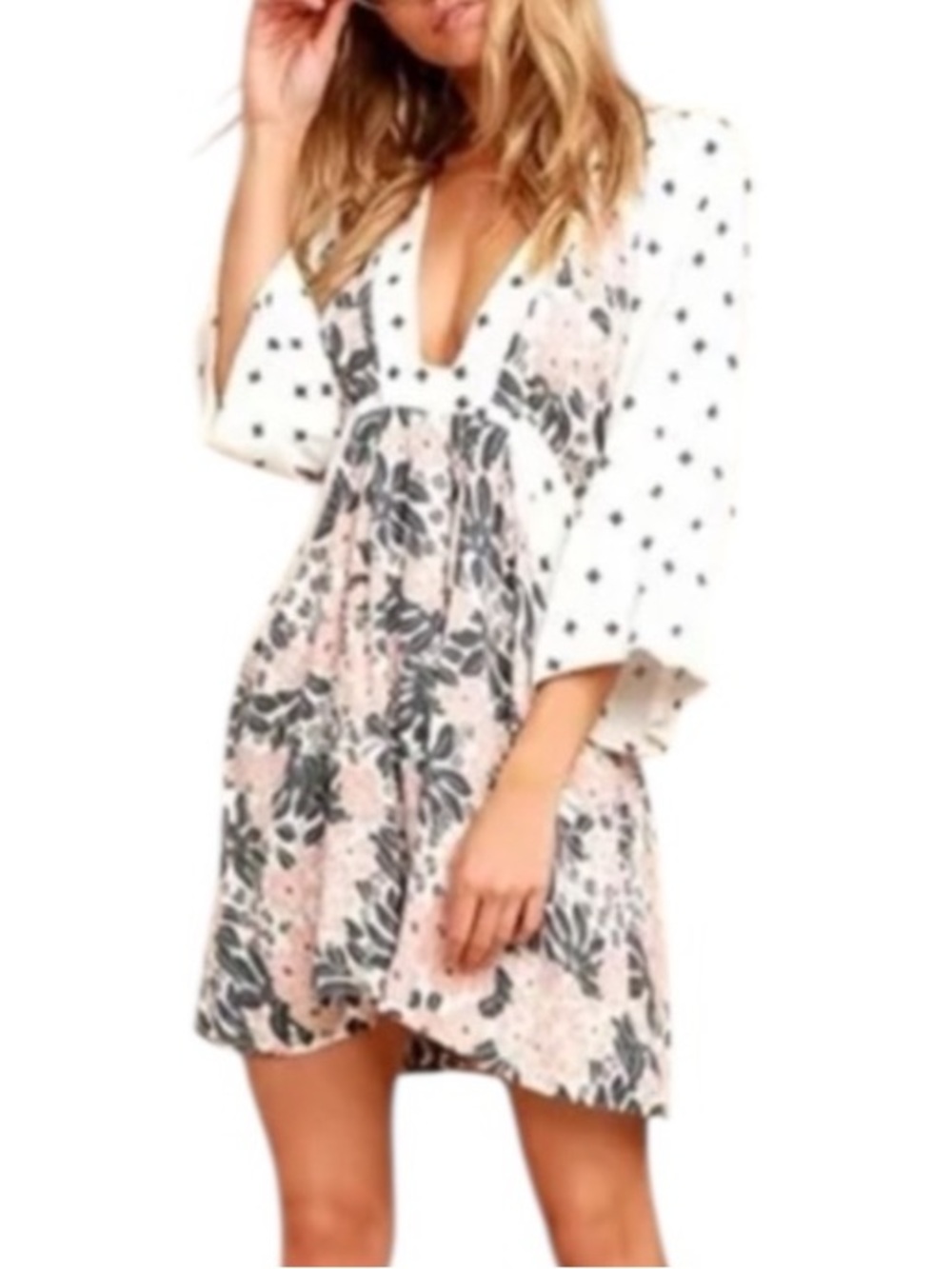 Free People Tallula White Print Long Sleeve Mini Dress Size L